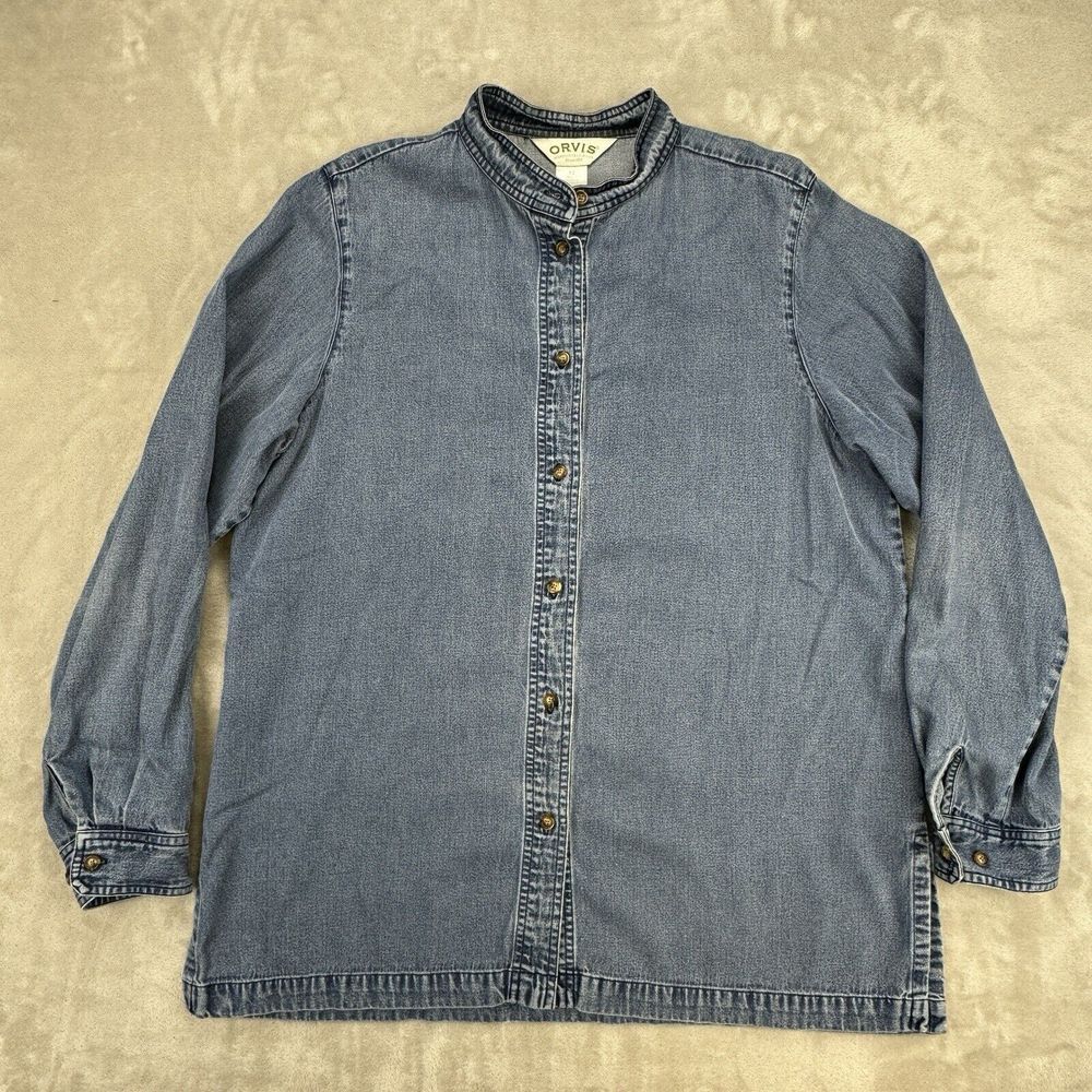 Vintage‎ Orvis Womens 12 Denim Long Sleeve Button Up Shirt Blue Hong Kong Collar